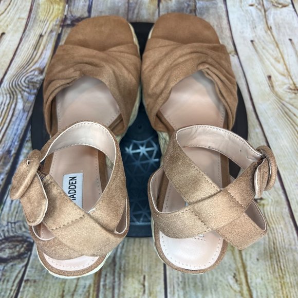 Steve Madden Women's Brown Fabric Open Toe Ankle Strap Jute Wedges Sandals 8.5 M - Picture 4 of 9